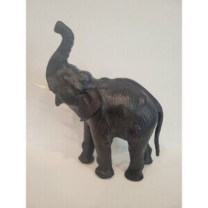 Elephant Black Leather Wrapped Vintage 13-14” Lucky Trunk Up Sculpture Statue